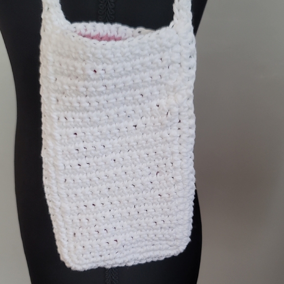 Hand Crafted  Pink and White Crochet Crossbody Cell Phone  Bag - Picture 5 of 5